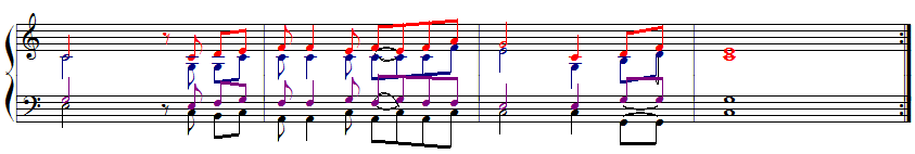 Suara tenor kita tempatkan nada g untuk melengkapi akor C mayor dan posisi nada sebelumnya juga berada pada nada g, sehingga mempermudah dalam menyanyikannya: E.