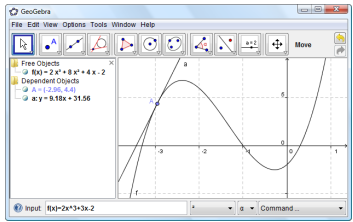 Kalkulus Lesson 9 Kalkulus Mengkosntruksi garis singgung di suatu titik pada sebarang kurva dari fungsi f Contoh : konstruksilah suatu garis singgun pada grafik f(x) = 2x 3 + 3x 2 1) Ketik persamaan