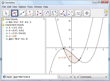 3) Di Algebra View, GeoGebra akan menampilkan integral tentu dari fungsi pada interval [-3, -1] Kalkulus Menghitung luas daerah antara dua Kurva Perintah berikut akan menampilkan integral tentu dari