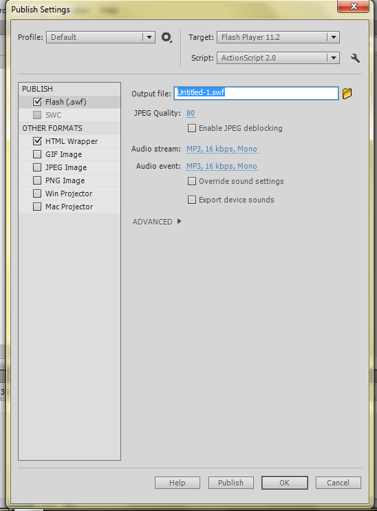 type file yang Anda inginkan. Untuk mengaktifkan publish settings Anda dapat memilih menu File > Publish Settings (Ctrl+Shift+F12). Publish Settings Keterangan: Flash (.swf) : Menghasilkan file *.