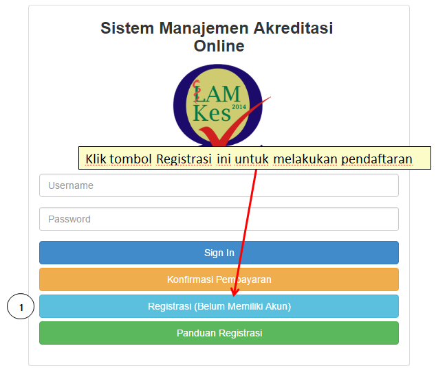 Tahapan selanjutnya adalah registrasi, dengan membuka browser alamat http://akreditasi.lamptkes.org silahkan klik tombol Registrasi (lihat Gambar 4)