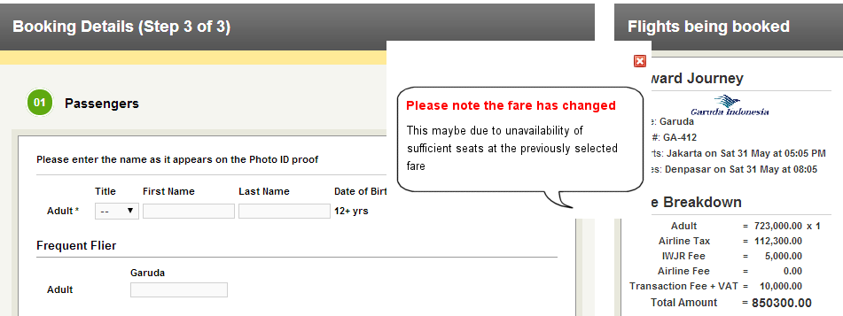 Q: Kenapa ada perbedaan harga pada Garuda antara Flight Search Results dengan Booking Details (Step 3 of 3)?