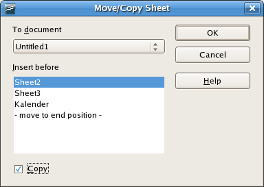 Bab 5 : Mengenal Calc 2. Pilih Move/Copy Sheet, akan tampil kotak dialog Move/Copy Sheet. 3. Pada To document, pilih spreadsheet yang aktif. 4. Pada Insert before, pilih move to end position 5.