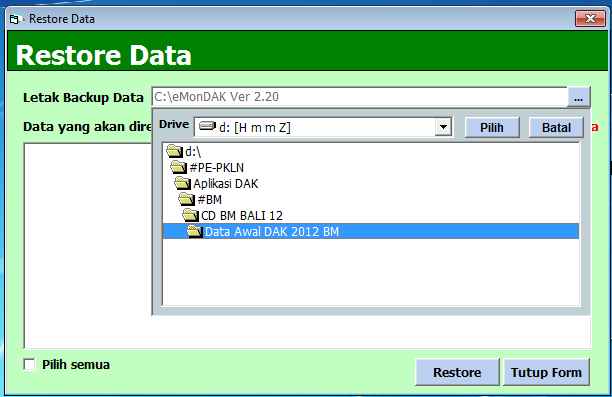 Karakteristik restore data ini adalah semua data yang ada dalam basis data akan di-update oleh data yang sama di data backup atau menambahkan data yang sebelumnya tidak ada dalam