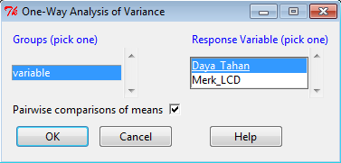 6. Pada Response Variable pilih variabel daya tahan (numerik) kemudian tekan tombol OK. Gambar 14. Tampilan Levene s Test 7. Pilih menu R commander untuk mencari nilai Anova.