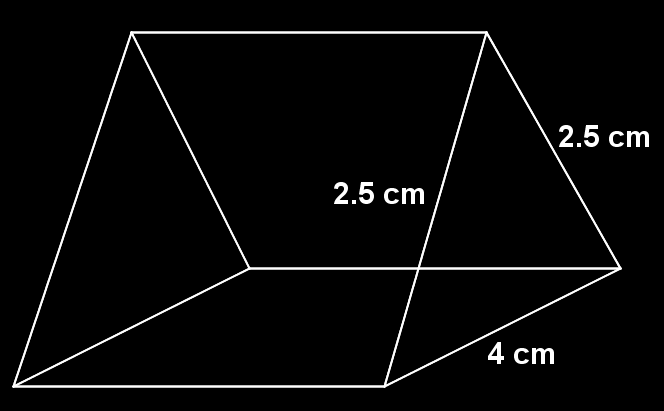 91 4. Diketahui kemasan coklat berbentuk prisma segitiga sama kaki dengan ukuran sisi alas 4 cm dan sisi kaki 2.5 cm. Luas permukaan bungkus coklat 96 cm 2.