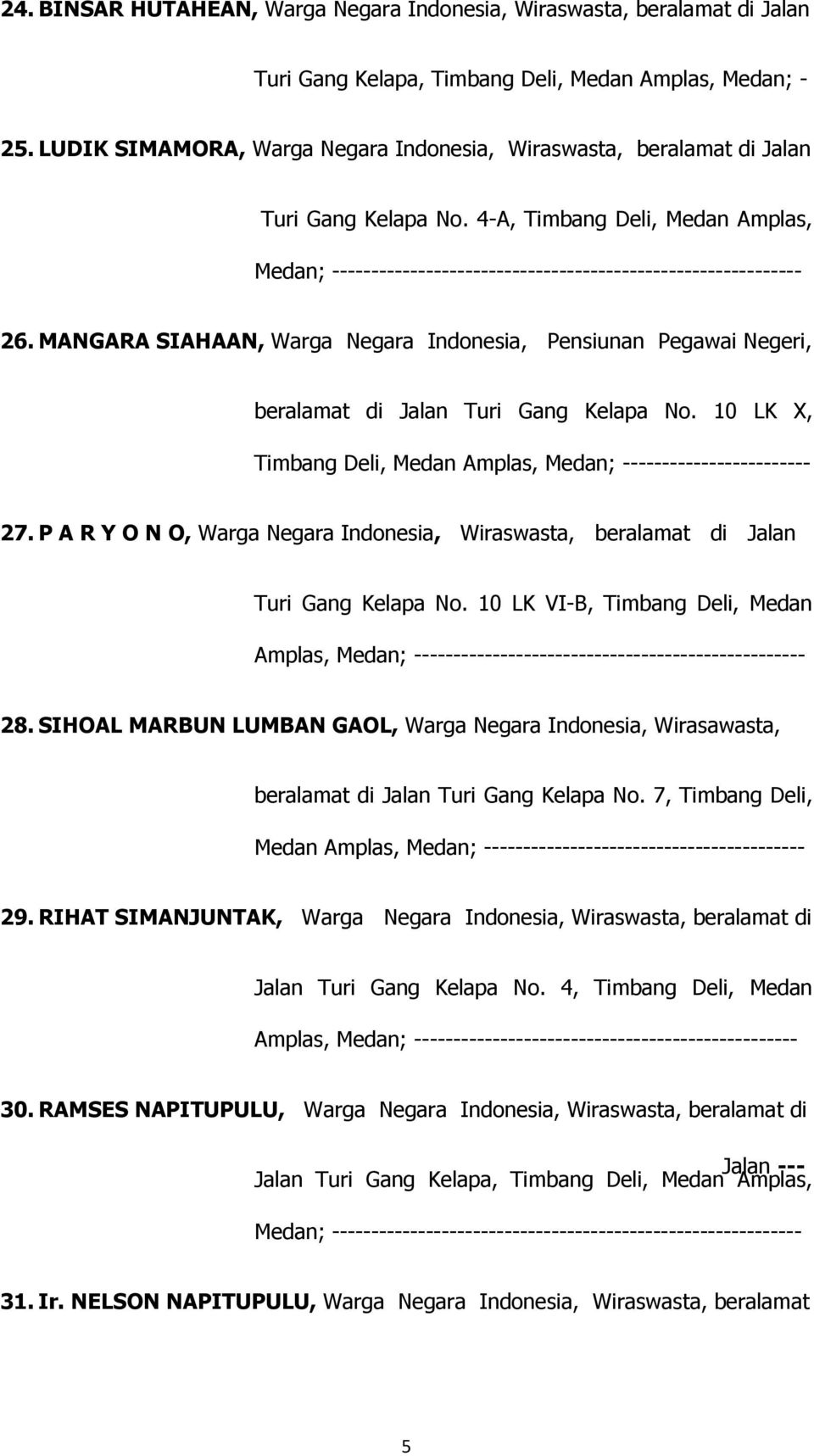 MANGARA SIAHAAN, Warga Negara Indonesia, Pensiunan Pegawai Negeri, beralamat di Jalan Turi Gang Kelapa No. 10 LK X, Timbang Deli, Medan Amplas, Medan; ------------------------ 27.