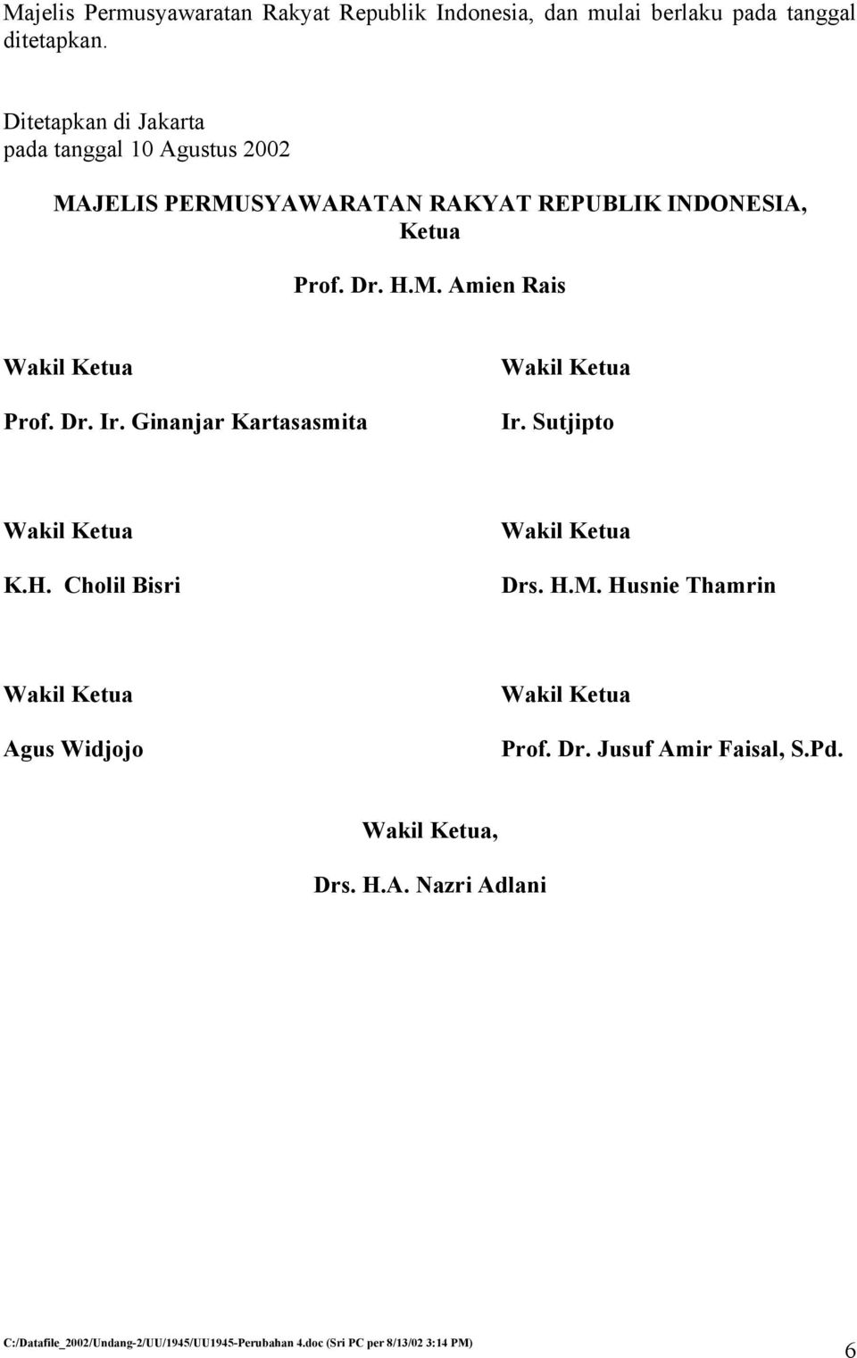 INDONESIA, Ketua Prof. Dr. H.M. Amien Rais Prof. Dr. Ir. Ginanjar Kartasasmita Ir. Sutjipto K.H. Cholil Bisri Drs.