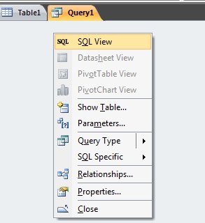 3. Klik Close untuk menutup kotak dialog Show Table 4. Klik kanan tab query SQL View untuk menampilkan editor SQL. 5. Di editor SQL inilah kita menuliskan pernyataan SQL.