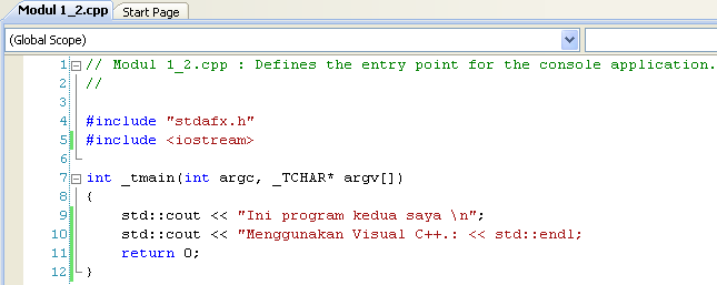 6. Tambahkan beberapa baris perintah pada tab Program Kedua.cpp, sehingga menjadi seperti listing program berikut. Listing program Program Kedua.cpp 1: // Modul 1-2.