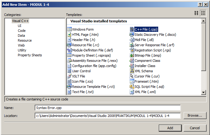 8. Pada kotak dialog Add New Item, pilih Visual C++ pada bagian Categories dan pada bagian Templates pilih C++ File (.cpp).