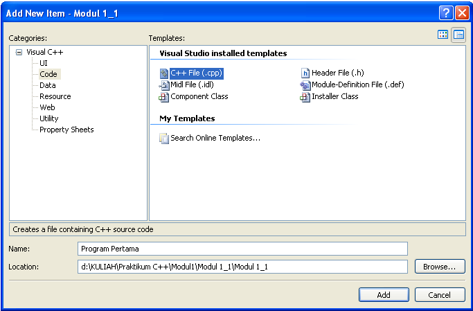 8. Perhatikan pada Solution Explorer, project MODUL 1_1 telah dibuat beserta dengan direktori file pendukungnya.