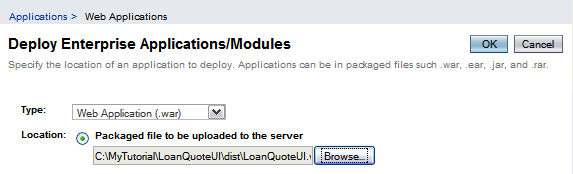 Untuk mendeploy aplikasi LoanQuoteUI, klik pada tombol Deploy. Display Deploy Enterprise Applications/ Modules akan muncul.