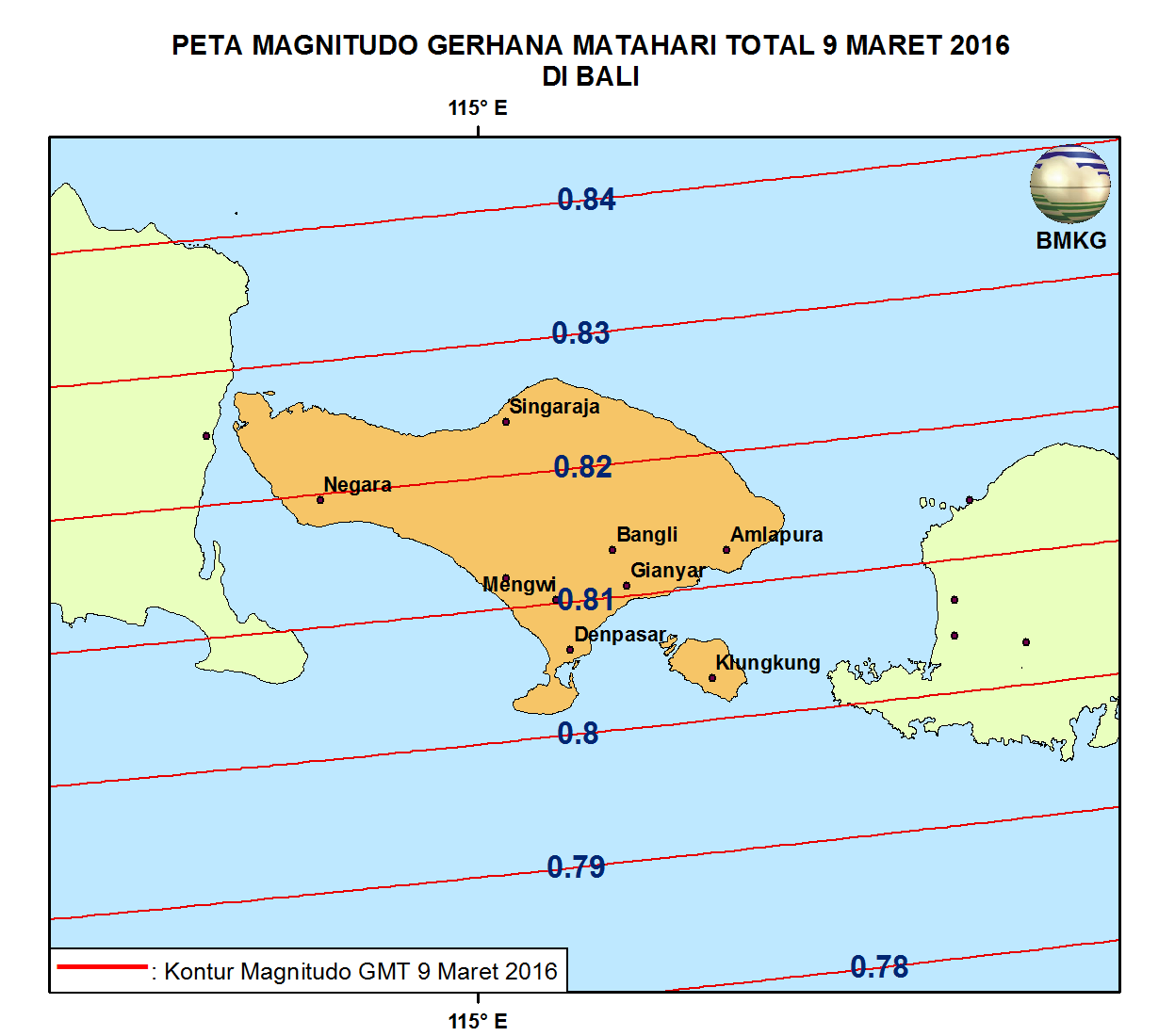 KETERAMATAN GERHANA MATAHARI TOTAL 9 MARET 2016 DI BALI Pada Gambar berikut ditampilkan peta magnitudo Gerhana Matahari Total 9 Maret 2016 yang teramati dari Bali.