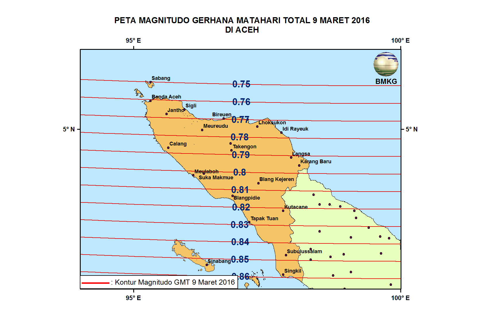 KETERAMATAN GERHANA MATAHARI TOTAL 9 MARET 2016 DI ACEH Pada Gambar berikut ditampilkan peta magnitudo Gerhana Matahari Total 9 Maret 2016 yang teramati dari Aceh berupa Gerhana Matahari Sebagian.
