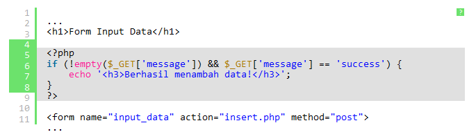 Tambahkan kode berikut pada file index.php setelah <h1></h1> untuk menampilkan pesan sukses ketika berhasil menyimpan data.
