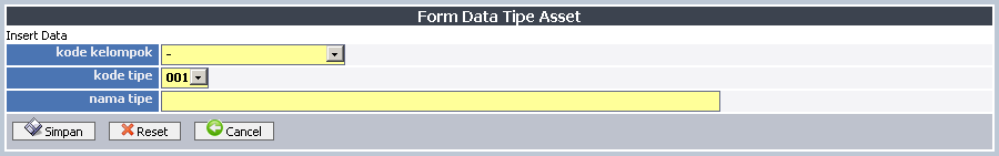 5. Input Nama Tipe Asset untuk filter nama tipe asset 6. Tekan tombol untuk menampilkan data 7. Pilih Record untuk melihat halaman lainnya b. Langkah-Langkah menambah data: untuk menambah data 2.