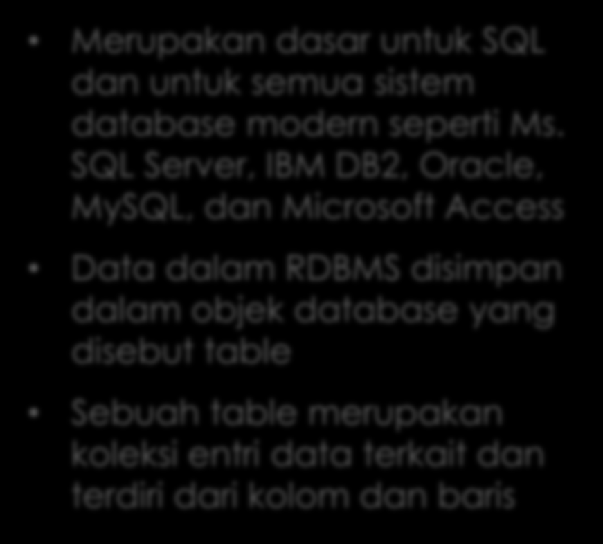 RDBMS Relational Database Management System Merupakan dasar untuk SQL dan untuk semua sistem database modern seperti Ms.