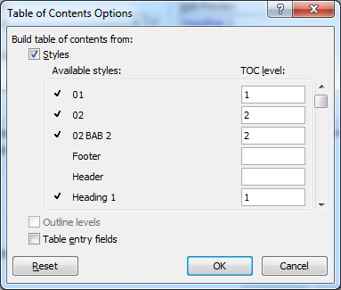 Jika sudah dilakukan proses setingan font pada TOC 1 dan TOC 2 maka klik OK, kemudian kita akan memproses langkah ke dua pada kotak dialog pertama dengan mengklik menu optons dengan langkah sebagai