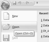 Cara Ketiga Dengan mengklik tombol Office kemudian memilih menu Open. Akan tampil kotak dialog Open ke hadapan Anda. Tentukan file database yang akan dibuka. Gambar 1.22 Memilih menu Open F.