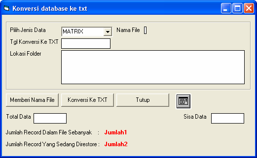 Oleh : Uus Rusmawan Hal - 1 Konversi file database ke txt Coding : Private Sub Form_Load() Combo1.AddItem "MATRIX" Combo1.AddItem "DUNNING" TglBackup = Date NamaUser = Login.Text1 Status = Login.