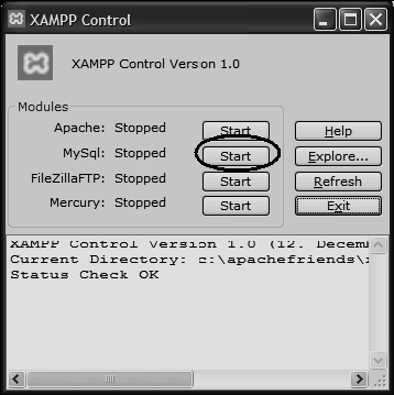 Menyalakan MySQL 1) Klik Start > All Programs > Apachefriends > xampp > xampp control panel dari dekstop komputer Anda.