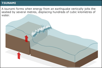Gempa bumi yang menimbulkan tsunami terjadi karena pergeseran atau sesar, sehingga bagian lapisan bumi yang satu bergerak atau pindah dari bagian lainnya (lihat gambar 2.20).