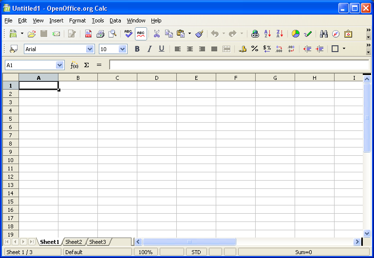 20 3. Komponen OpenOffice Calc Ketika membuka halaman kerja Calc, pertama kali akan tampil tampilan sebagai berikut : Baris menu Toolbar Standar Baris Formula Toolbar Formatting Sel Aktif Kotak