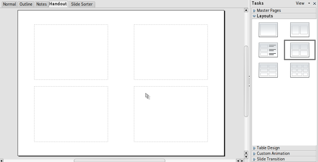 o Handout View, untuk mengatur komposisi slide-slide pada satu halaman cetak Anda dapat menggunakan Handout view.