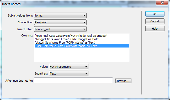 46. Untuk Text Field status, masukkan Value: bayar seperti berikut: 47. Untuk Text Field : username, masukkan Value pada Propertiesnya dengan teks : <?php echo $_SESSION['MM_Username'];?