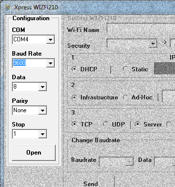 Thermal Printer > WIZFi210 Berikut ini pengaturan WIZFi210 client melalui program Xpress WIZFi210 : 1. Atur nilai COM, Baud Rate, Data, Parity dan Stop bit. Kemudian tekan tombol Open.