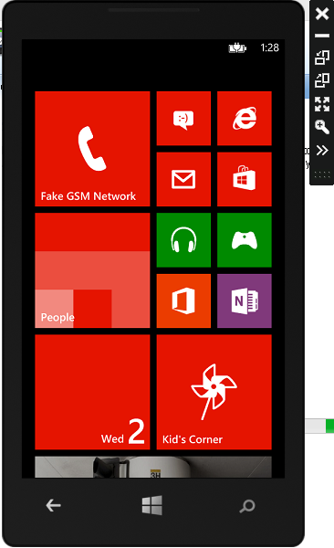Tampilan Windows Phone Emulator setelah selesai booting : Pada samping kanan ada lambang-lambang yang artinya : = digunakan untuk mematikan emulator =