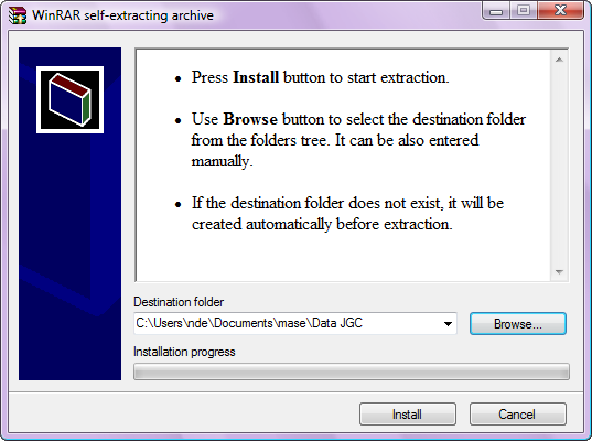 5. Isi Destination folder dengan folder tujuan extract, atau klik tombol jika ingin merubah folder yang lain. 6. Klik tombol Install untuk memulai proses extract. Tunggu samapai selesai. 7.