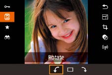 Merotasi Gambar Ubah orientasi gambar dan menyimpannya sebagai berikut. Pilih [ Tekan tombol [ menu (= 3). ], lalu pilih [ ] dalam Rotasi gambar. Tekan tombol [ ][ ] untuk memilih gambar.