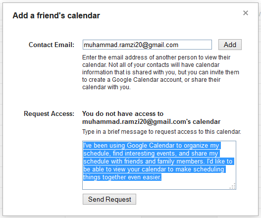 Gambar 6. 26 Menambahkan pesan untuk add kalender teman perijinan untuk menambahkan kalender teman Anda melalui email.