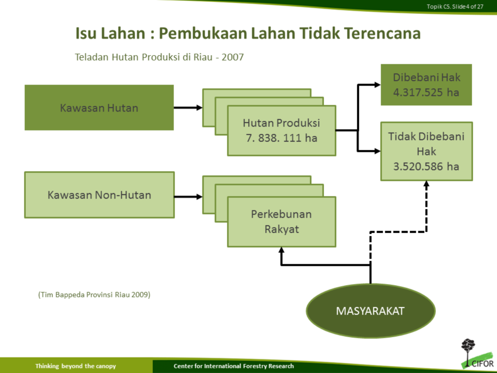 Pembukaan lahan tidak terencana di lahan gambut menjadi masalah tersendiri di Provinsi Riau. Ada 2 kawasan yang dapat dimanfaatkan, yaitu kawasan hutan dan kawasan non hutan.