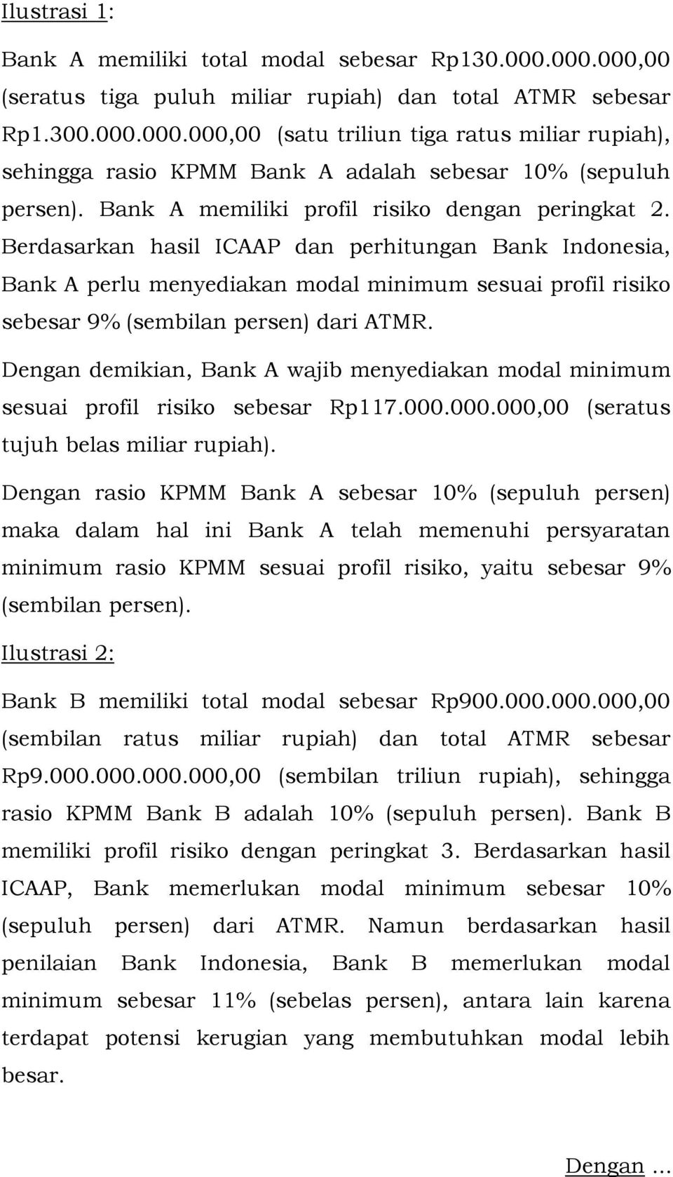 Berdasarkan hasil ICAAP dan perhitungan Bank Indonesia, Bank A perlu menyediakan modal minimum sesuai profil risiko sebesar 9% (sembilan persen) dari ATMR.