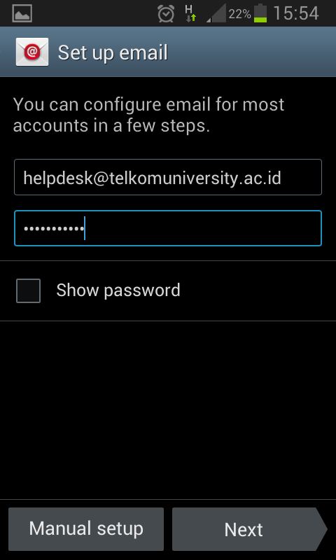 2. Lalu masukan user password yang anda miliki Gambar 15. Tampilan seting awal padahp Android 3.