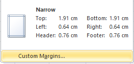 Pengaturan Margin (1) Margin dapat diatur dengan memilih tab Page Layout, group Page Setup.