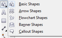 Basic Shape tool; untuk memilih bermacam-macam bentuk, termasuk bentuk smile, halilintar, bentuk hati, dan lain-lain.