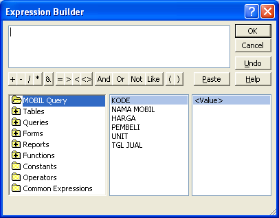a. Buka MOBIL Query yang telah dibuat. b. Dalam keadaan modus Design View, klik mouse kanan pada sel Criteria yang ada pada kolom NAMA MOBIL. c.