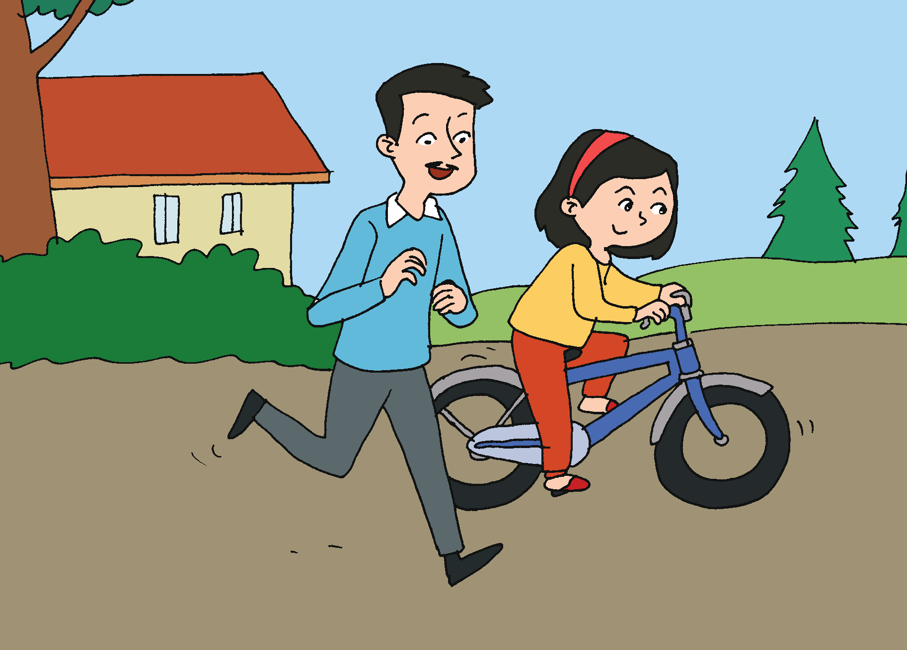Gambar Dayu dan Kak Gusti sedang berolahraga bersama. Dayu menaiki sepeda dan Kak Gusti berlari di sampingya. Dayu dan Kak Gusti memiliki kegemaran olahraga berbeda.