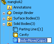 Save part yang telah jadi. Selanjutnya membuat Assembly dari part multibody, pada Solid Bodies, ubah nama Tooling Split, klik kiri lalu berhenti, ubah nama menjadi Cavity.