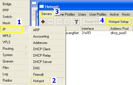Misal kita mempunyai 2 Interface : UP ke Internet Host LAN yang ke LAN (akan disetup jadi Hotspot) 2. Winbox : Pilih Menu IP Hotspot 3. Hotspot : Pilih tab Server Hotspot Setup 4.
