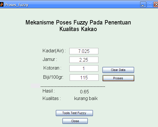 Pada tampilan GUI_Fuzzy, terdapat dua tombol dengan fungsi yang berbeda yaitu tombol Proses Fuzzy dan Tombol Exit.