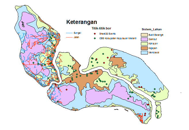 Kajian Cadangan Karbon Lahan Gambut Kabupaten Kepulauan Meranti... (Suryanta, et al.) Gambar 3. Titik Sebaran Pengeboran (tebal) Gambut. Tabel 2. Data Pengeboran Gambut.