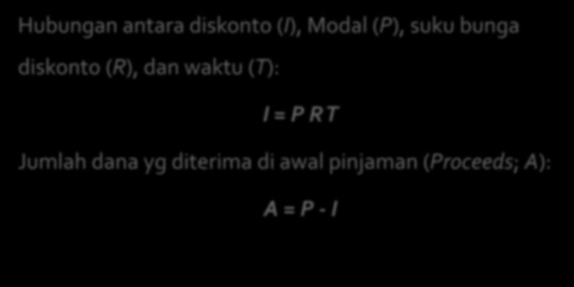 Hubungan antara diskonto (I), Modal (P), suku bunga diskonto (R), dan waktu (T): I