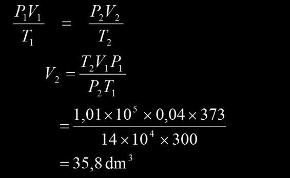 Penyelesaian: T 1 = 27 o C = 273 + 27 = 300 K T 2 = 100 o C = 100 + 273 = 373 K P 1 = 1,01 x 10 5 N/m 2 P 2 = 14x10 4 N/m 2 V 1 = 40 dm 3 =0,04 m 3 V 2 =..? 2. Suatu gas ideal mula-mula menempati ruang yang volumenya V dan tekanan P.