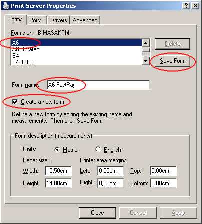- Pilih printer (klik 1x), masuk ke menu File Server Properties. - Pada tab Forms, pilih A6 dari daftar jenis kertas. - Isikan A6 FastPay pada kolom Form name.