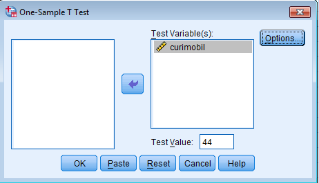 Langkah-Langkah: 1. Masukkan data di atas dengan nama variabel curimobil 2. Pilih menu Analyze, Compare Means, One Sample T Test 3.